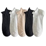 zrylibya Women Ruffle Frilly Rib Knit Ankle Socks Heart Pattern Textured Casual Cute Low Cut Socks 5 Pairs