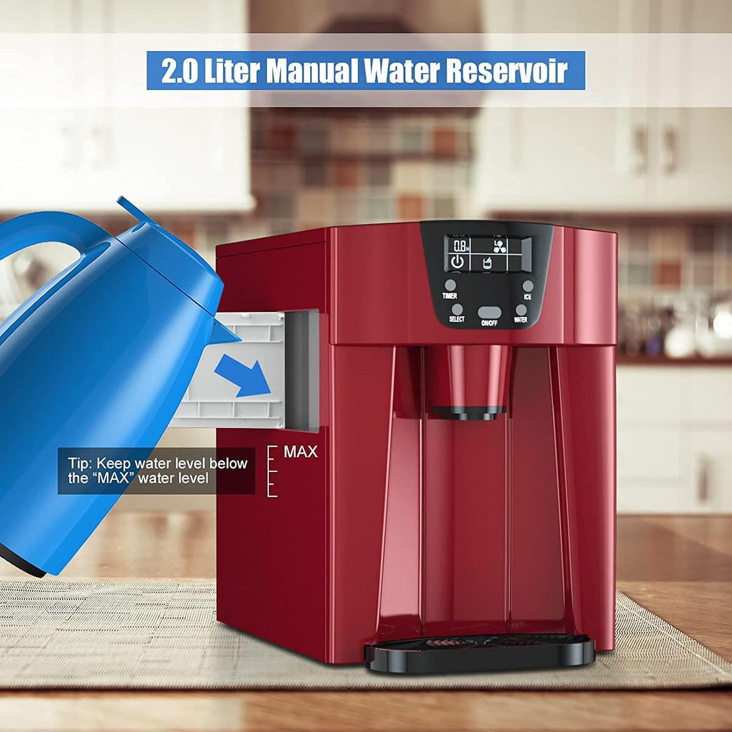 VIDECOR 2 in 1 Ice Maker with Water Dispenser, Countertop Ice Cube Maker with LED Display, 9 Cubes Ready in 6-12 Min, 36lbs/24H, 2L Water Tank Perfect for Home/Office/Bar/RV,Red