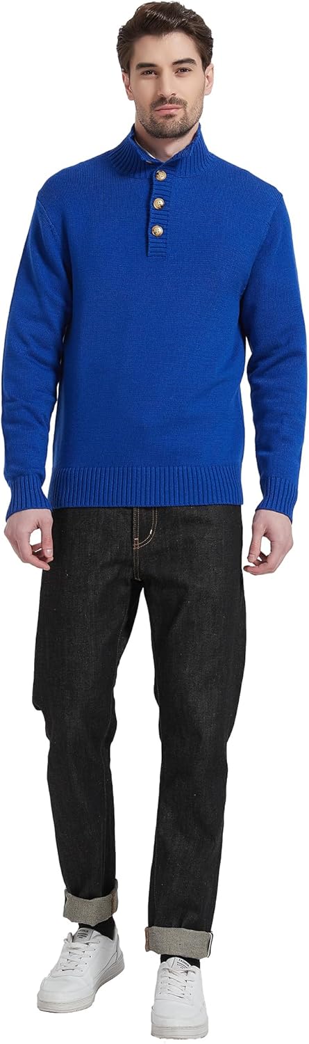 Kallspin Men's Pullover Sweater Wool Blend Midweight Mock Neck Quarter-Button Long Sleeve Pullover