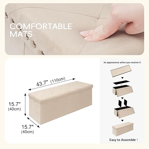 Miniatura 3 de PINPLUS Banco Otomán de Almacenamiento Plegable, Taburete Reposapiés Plegable de Terciopelo Acolchado con Remache, Banco para Pie de Cama, Baúl