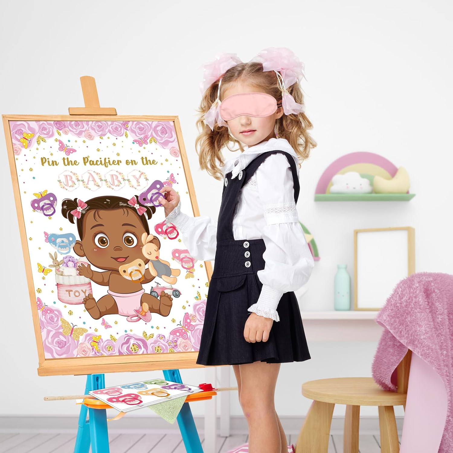 Pin The Pacifier On The Baby Shower Games, Butterfly Theme Decoration Large Poster with Blindfold 48 Pacifier Stickers Game for Baby Shower Party Birthday Party Supplies(Brown)
