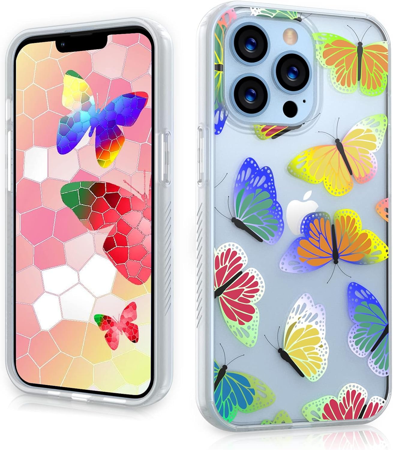 MYBAT PRO Mood Series Slim Cute Clear Crystal Case for iPhone 13 Pro Max Case, 6.7 inch, Stylish Shockproof Non-Yellowing Protective Cover for Women Girls, Neon Butterflies