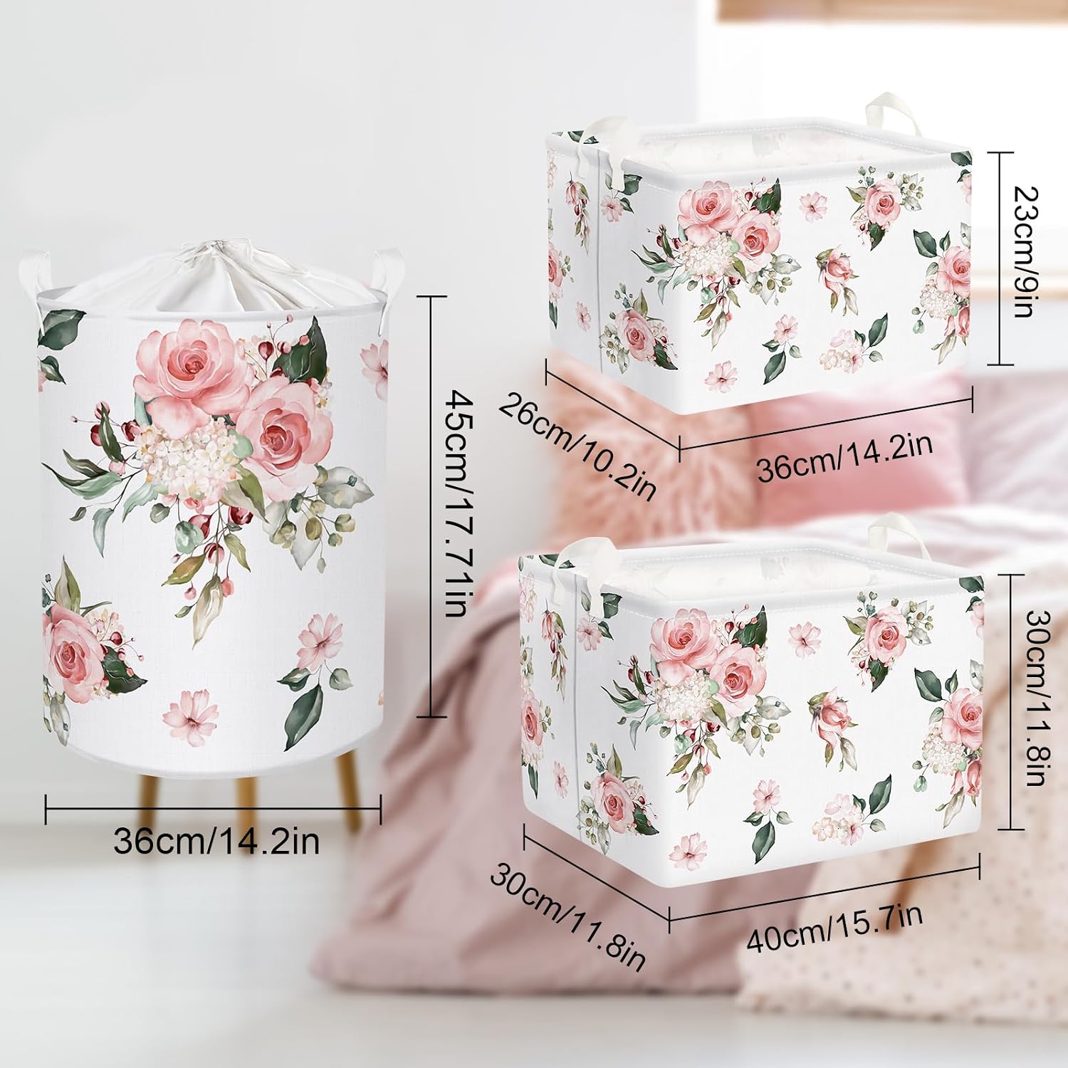 Clastyle Pink Floral Girl Gift Basket Empty Rectangle Flower Roses Storage Basket Baby Clothes Toy Books Shelf Basket, 21L