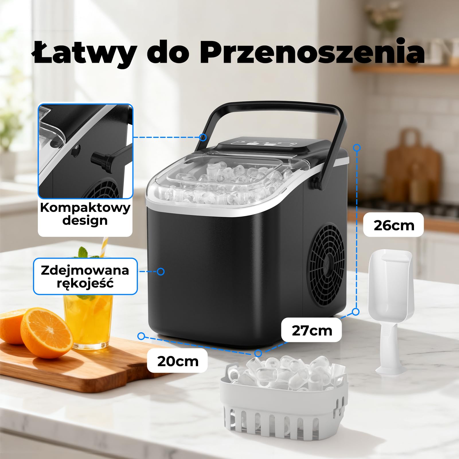 Maszyna do Lodu 12KG/24H, Samoczyszczenie, Zbiornik 1.2L, 2 Rozmiary Kostek Lodu (S/L), Wskaźniki Pełny Pojemnik & Brak Wody, Kompaktowa do Kuchni/Biura/Imprez, Czarny