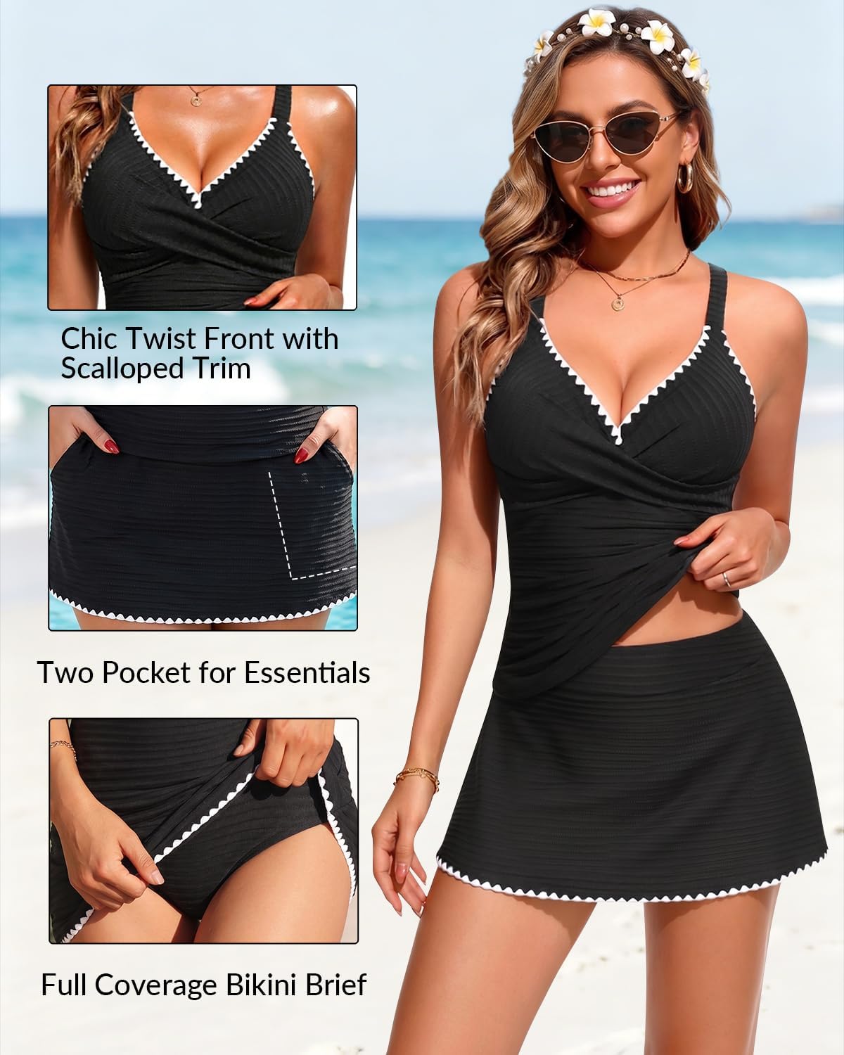 Tankini with Skirt Pockets Tummy Control Ribbed V Neck Two Piece Swimsuit | Chic Twist Front V Neck, 2 Side Pockets, Ruched Design, High Waisted Skirt, Built-in Brief, Removable Pads, Adjustable Straps