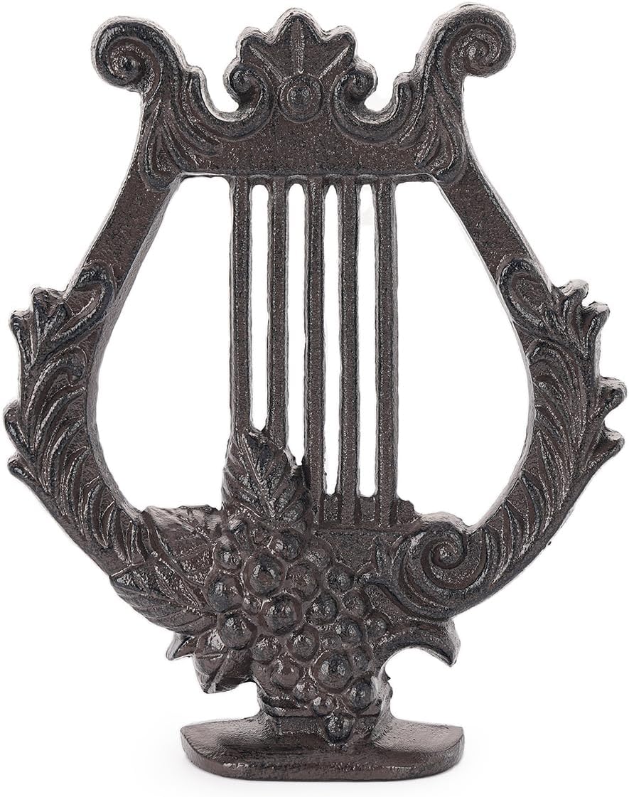 Sungmor Cast Iron Scroll Floral Harp Figurine, Antique Music Harp Statue