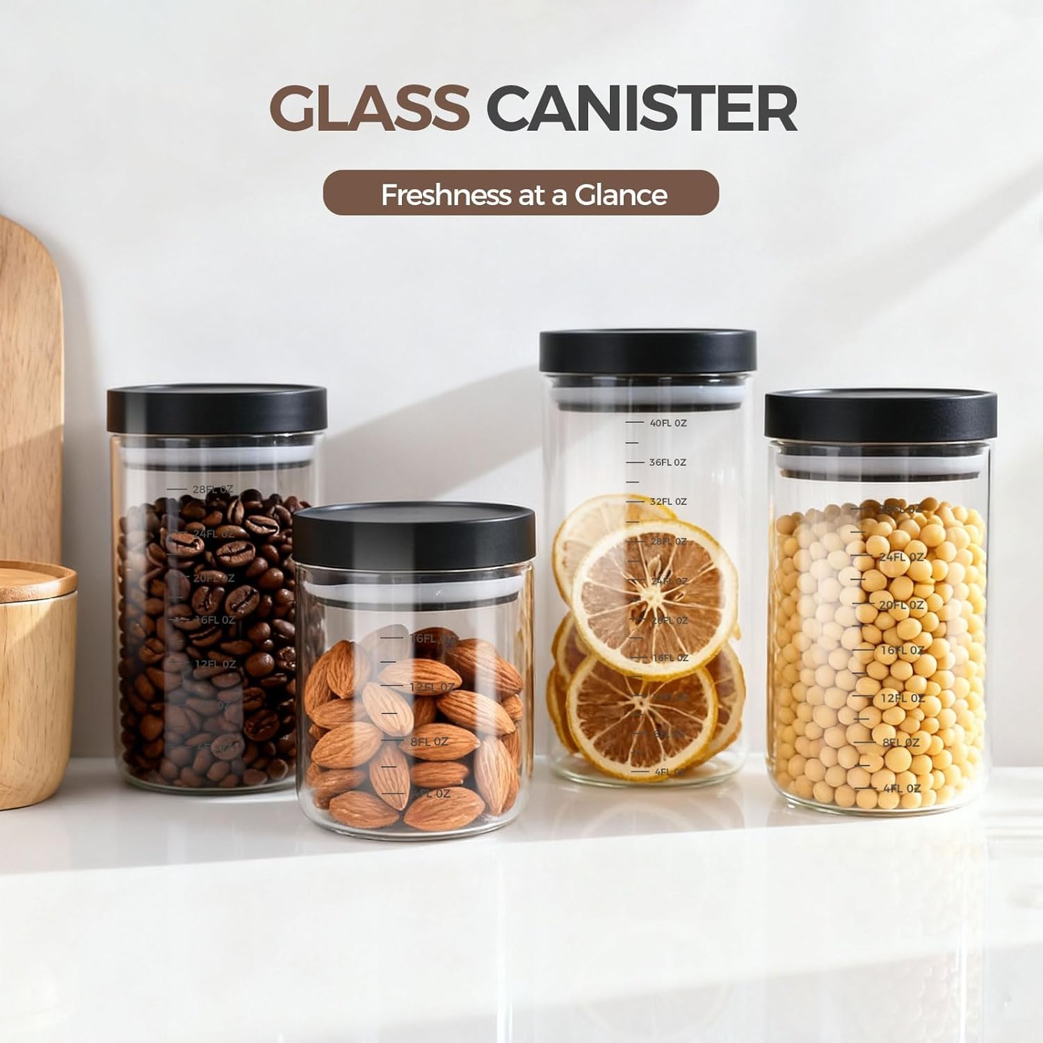 Danbark Set of 6 Mixed Sizes Airtight Glass Storage Canisters with Lids - Pantry Organizers and Storage Glass for Kitchen - for Pantry, Flour, Sugar, Coffee, Tea, Pasta, Rice, and Snacks - Black - Image 2