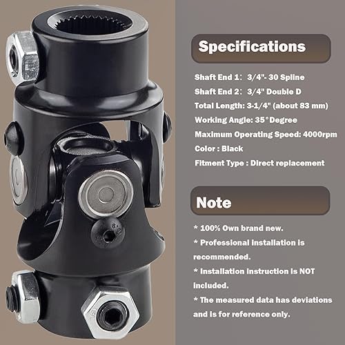 Miniatura 20 de 1" DD x 1" DD U Junta Eje de dirección universal Acoplador de junta U Ángulo máximo 35 grados (3-1/4") 3.268 in Negro