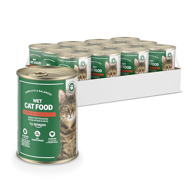 by Amazon - Comida húmeda sin Cereales para Gatos - Lata - Trozos de Ternera en gelatina, 12 x 405 g