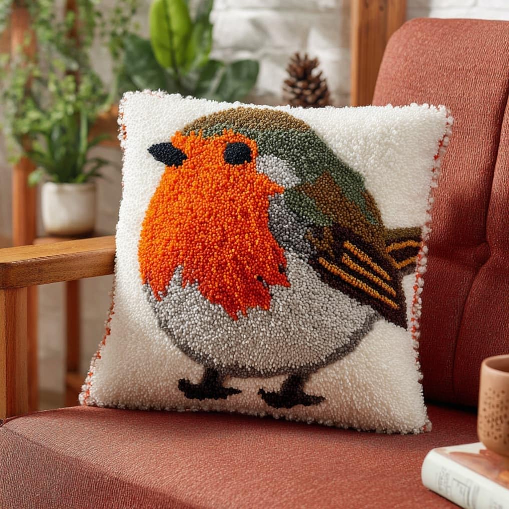 WallustrioaW DIY Latch Hook Pillow Kit,Robin Pillowcase Kits Embroidery Kits 17X17 Inch DIY Needlework Pillow Cover Sofa Cushion Rug Making