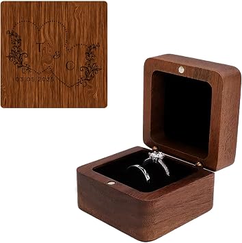 Customized Small Walnut Ring Box for Wedding | Personalized Engraved Flip Wooden Ring Box with 2 Slots Vintage Wooden Jewelry Box for Proposal Engagement Wedding Ceremony