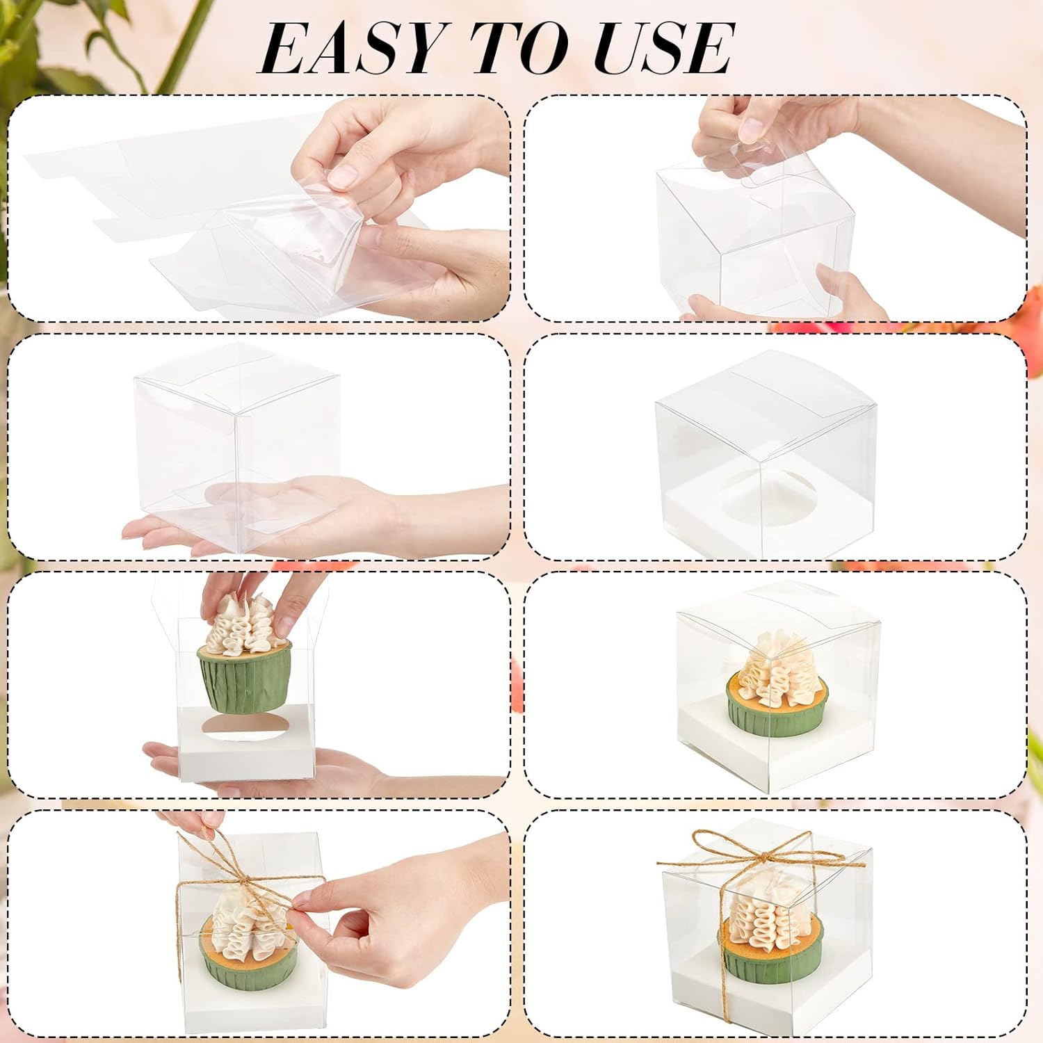 96 Pieces Individual Cupcake Boxes Single Cupcake Container Clear Cupcake Carrier Plastic Cupcake Storage Cupcake Holder with Ribbon and Insert for Wedding Birthday Party Favor, 3.5 x 3.5 x 3.5(White)