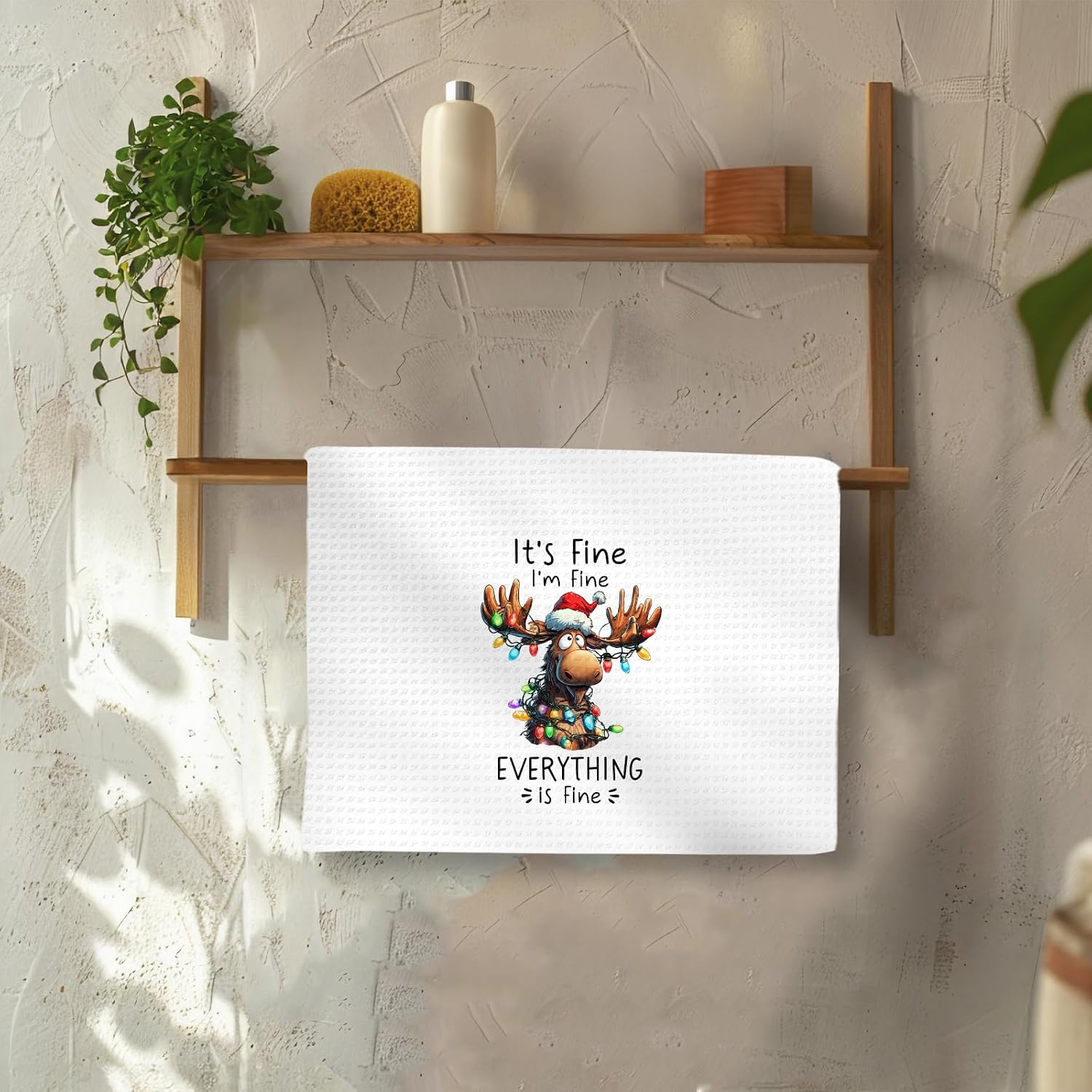 Funny Christmas Moose Kitchen Towels Set of 2, Christmas Light Moose Hand Towels, Everything is Fine Dish Tea Towel for Kitchen Decorative, Funny Xmas Bathroom Kitchens Decor, 16x24in image 4