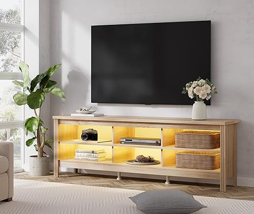 Miniatura 39 de WAMPAT Soporte de TV LED para TV de 75 pulgadas con luz LED de 16 colores, centro de entretenimiento negro para TV de más de 65 pulgadas, mesa Negro