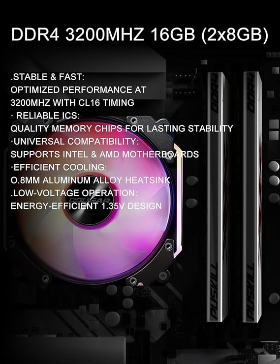 PUSKILL 16GB Kit (2x8GB) DDR4 RAM 3200MHz PC4-25600 Desktop Memory with Aluminum Heatsink, Non-ECC Unbuffered UDIMM 1.35V CL16 288-Pin, High Performance Gaming PC Upgrade for Intel & AMD