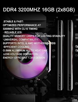 PUSKILL 16GB Kit (2x8GB) DDR4 RAM 3200MHz PC4-25600 Desktop Memory with Aluminum Heatsink, Non-ECC Unbuffered UDIMM 1.35V CL16 288-Pin, High Performance Gaming PC Upgrade for Intel & AMD