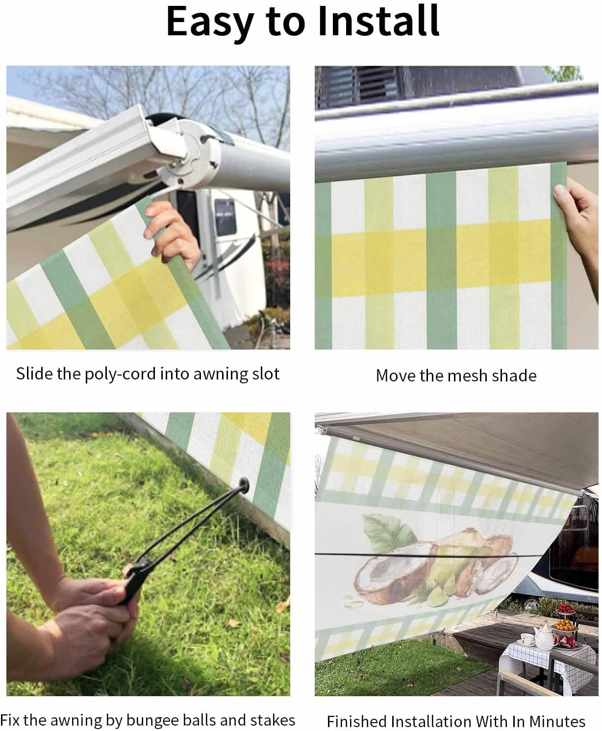 Summer Pastoral RV Awning Sun Shade Screen with Zipper 9'x7' Tropical Coconut Lemon Yellow Green Plaid Mesh Sunshade UV Blocker Awning Shade Complete Kits for Motorhome Camper Travel Trailer Canopy