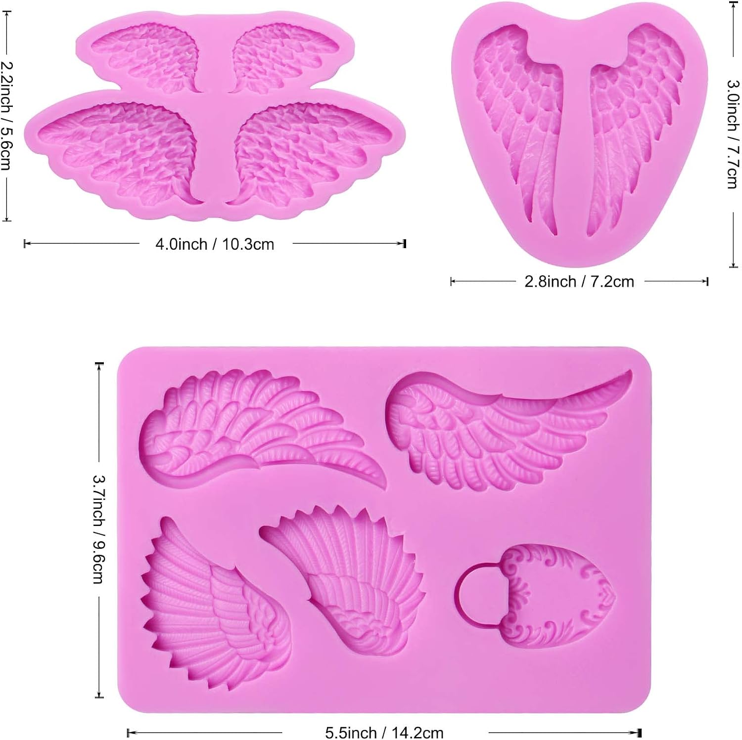 Angel Wing Fondant Silicone Molds, 3 Packs Wings for Baby Shower Party Cake Decoration, Cupcake Toppers, Angel Wing Lock Clay Resin
