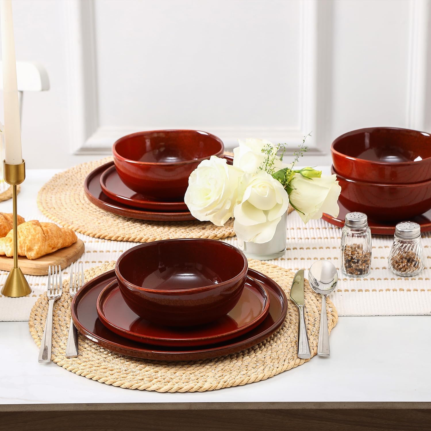 vicrays Ceramic Cereal Bowls Set - Porcelain 26 Ounce Soup Salad Bowls - Rice Dessert Cream Bowls Set - Chip Resistant Dishwasher Microwave Safe - Set of 6 (Cherry Red)