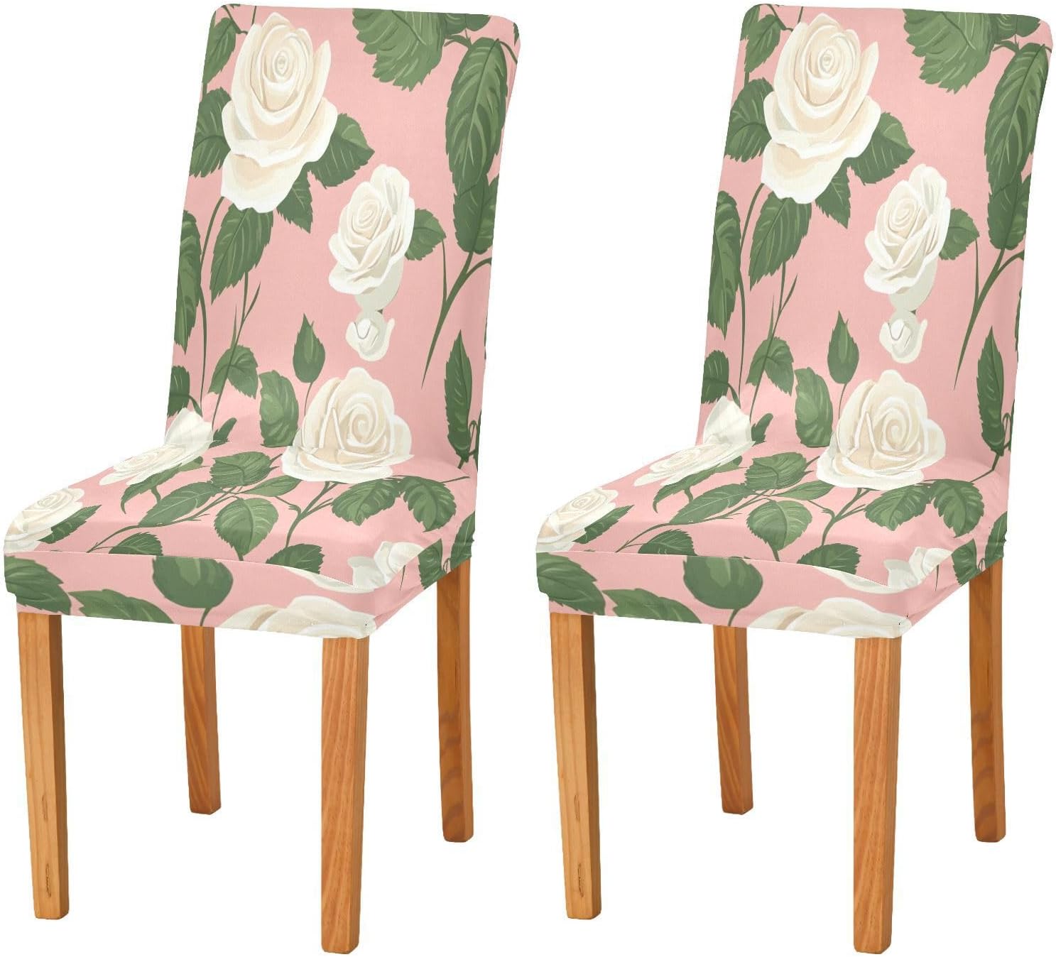 ALAZA Chair Covers for Dining Room, White Rose Flowers and Green Leaves Stretch Chair Cover Sets Chair Protector Removable Washable for Ktichen Restaurant Hotel