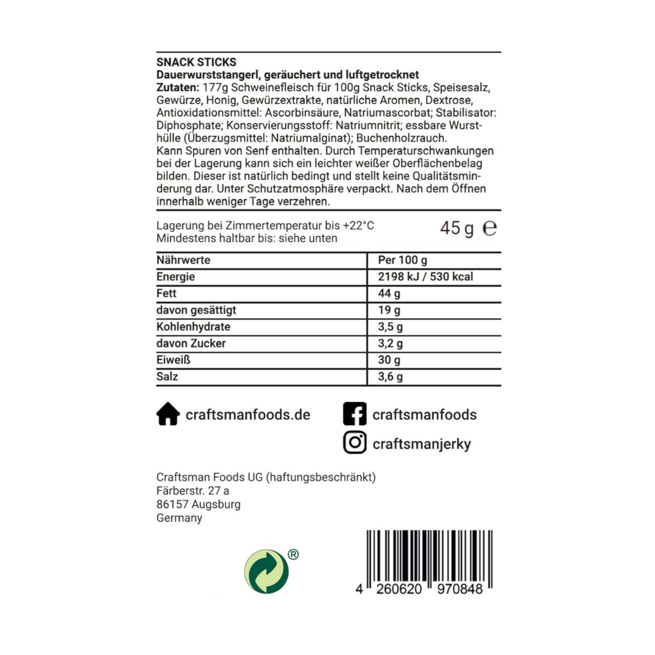 Craftsman Snack Sticks Original (5 x 45 g) | Wurst Snack | Mini-Salami | Fleischsnack to Go | geräucherte Mini Wurst | Herzhafte Salami-Sticks | Rohwurst | Dauerwurst (5 Packungen (5 x 45g))