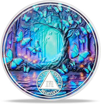 Serenity Prayer Recovery Coin Butterfly Tree Design with Unity, Service, and Recovery Triangles Challenge Coin Sobriety Sober Coin NA AA Chips and Medallions Blue Butterfly Tree, 17 Years