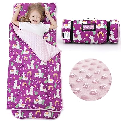 ACRABROS Toddler Nap Mat with Pillow and Blanket, Extra Large Rolled Napping Mats,Slumber Bags for Boys Girls,Kids Sleeping Bag for Daycare, Preschool Travel Camping,Lama