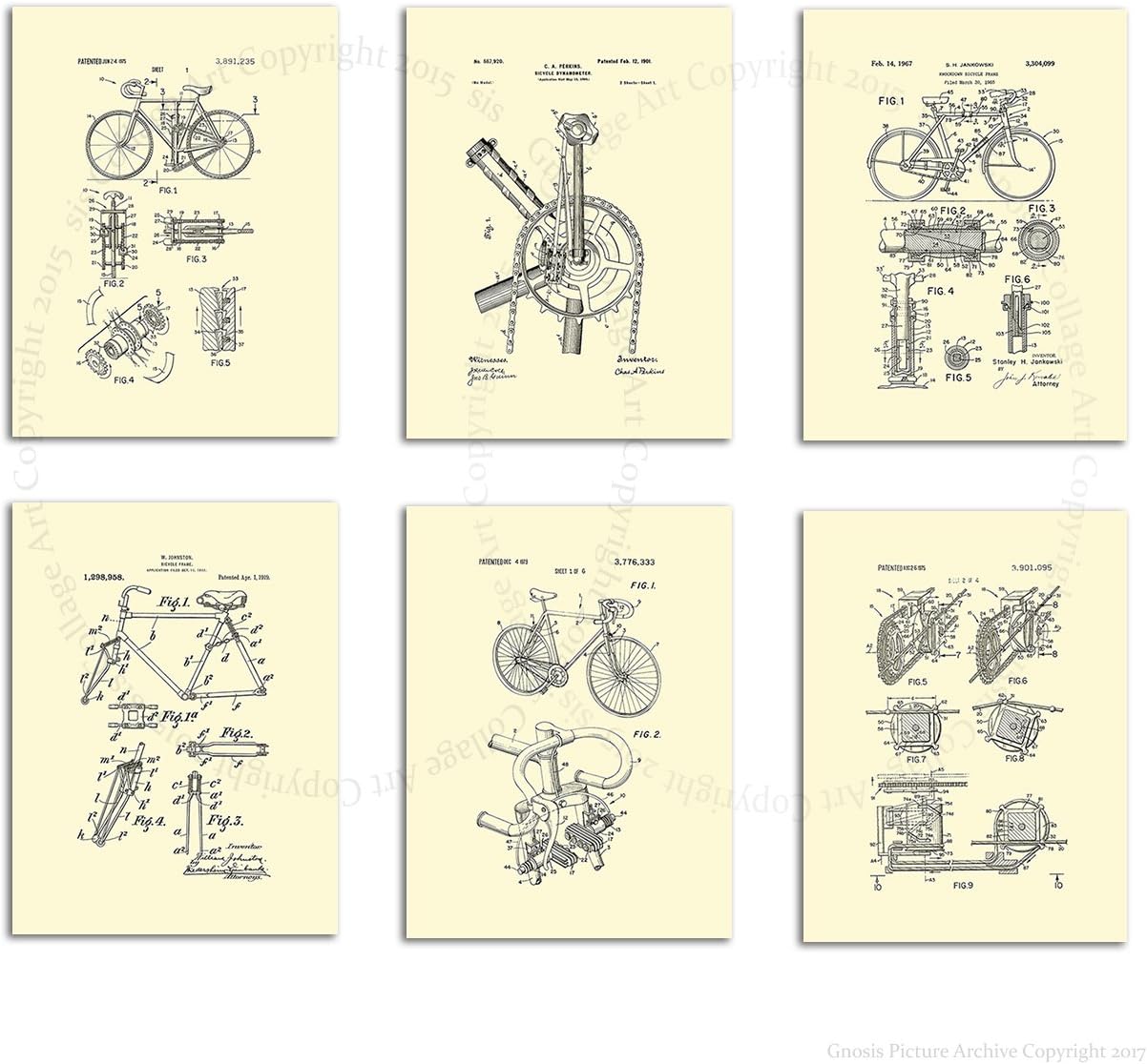 Bicycle Decor Art Print set of 6 Unframed Patent Prints Urban Wall Art by Gnosis Picture Archive Patents_Bicycle_Crm6A