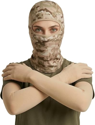 Unisex Camouflage Balaclava Skull Mask & Arm Sleeves Combo Breathable Stretchable Face Mask with UV Protection Full Hand S...