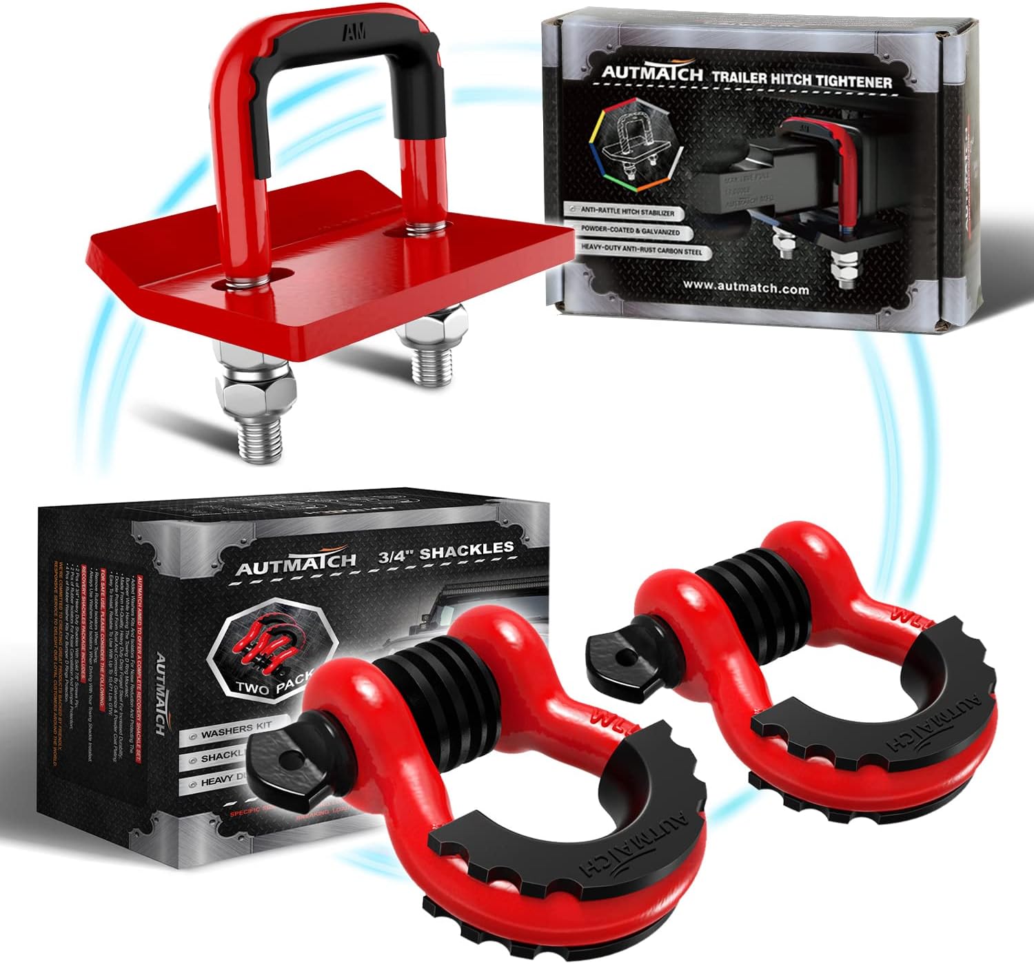 AUTMATCH 3/4" D Ring Shackle and Hitch Tightener Anti-Rattle Clamp with Rubber Isolator, Hitch Stabilizer for 1.25 and 2 inch Trailer Hitches Jeep Tow Strap Off Road Vehicle Recovery, Red & Black