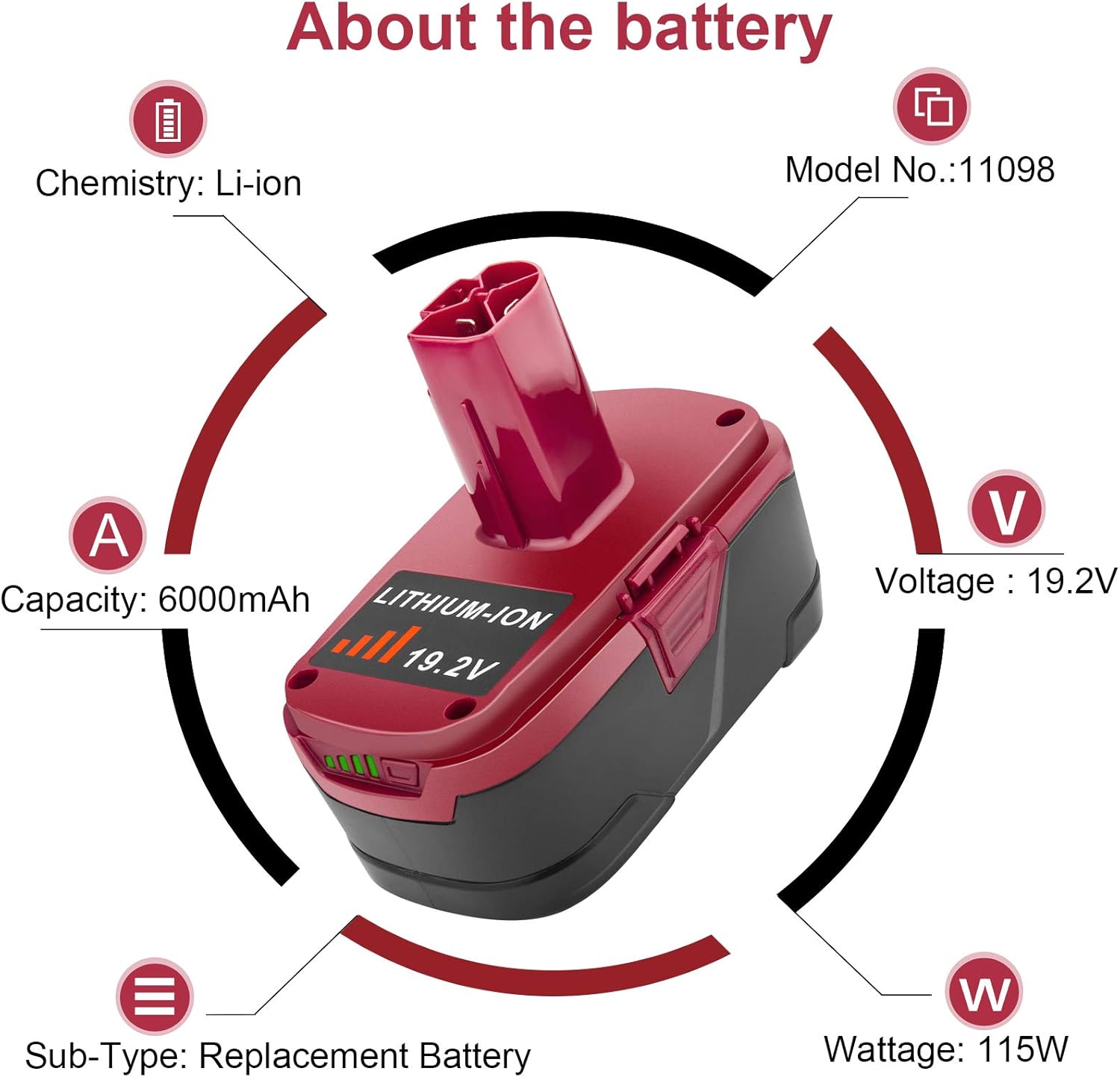 ARyee 6.0Ah 19.2 Volt Replacement for Craftsman Lithium Ion DieHard C3 XCP 130279005 11375 1323903 130211004 11045 315.113753 315.115410 315.11485 315.pp2011 315.pp2020 11376 Cordless Power Tool