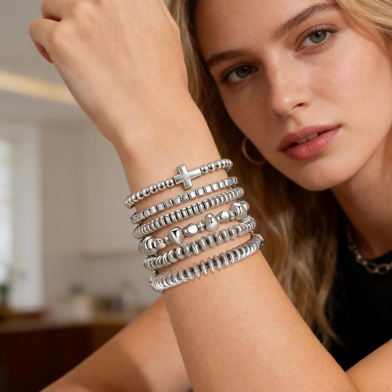 Silver Stackable Stretch Cross Bracelets for Women, Trendy Dainty Paperclip Layered Chunky Boho Bracelet Preppy Aesthetic Jewelry Gifts - Image 4