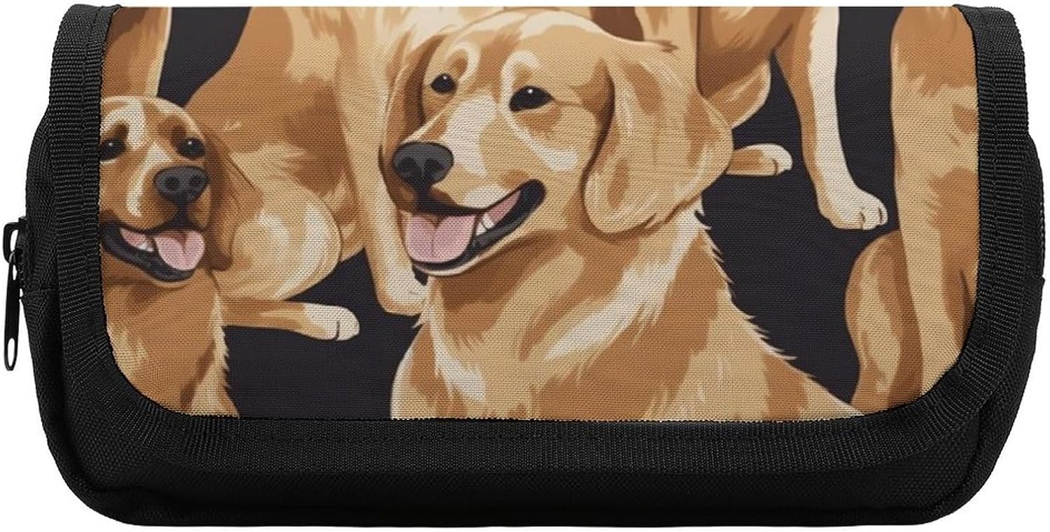 Pencil Case Golden Retrievers Large Capacity Pencil Case Double Zipper Storage Bag 2 Compartments Portable Multifunctional Bag Desk Organizer Marker Pen Case