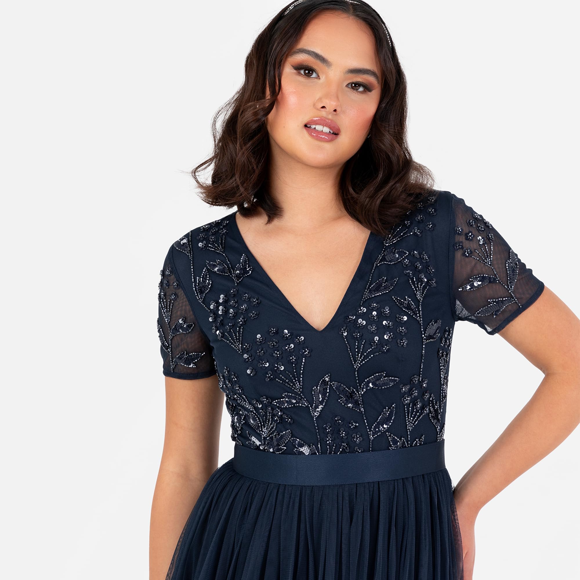Maya Deluxe Damska sukienka Maxi Damska Kwiatowy Cekin Upiększony Dekolt w serek Krótki rękaw Tiul Sash Tie Belt Empire A-Line Druhna, Granatowy 38, granatowy, 36