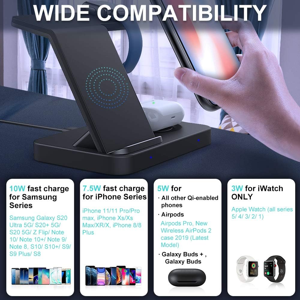 MoKo 3 in 1 Wireless Charger Stand, Qi 10W Dual Fast Charging Dock Station Compatible iPhone SE 2020/11/XR/8 Plus/Apple Watch Series 5/4/3/2/Airpods Pro/2, S20/S10/Galaxy Bud+ (with QC3.0 Adapter)