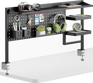 PEGZONE Clamp on Desk Shelf, 44" Desktop Shelving System, Black | with Pegboard and Accessories, Desktop Organizer with 2-Tier Shelf, Desk Pegboard for Office Home Gaming