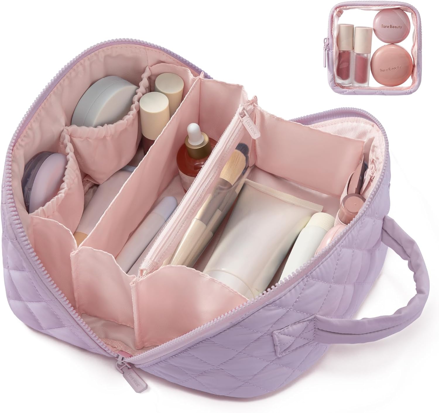 LOVEVOOK Travel Makeup Bag for Women, 2Pcs Puffer Waterproof Cosmetic Organizer, Large Capacity Pouch Open Flat Small Toiletry Bag with Brush Compartment & Handle (Purple, Medium)