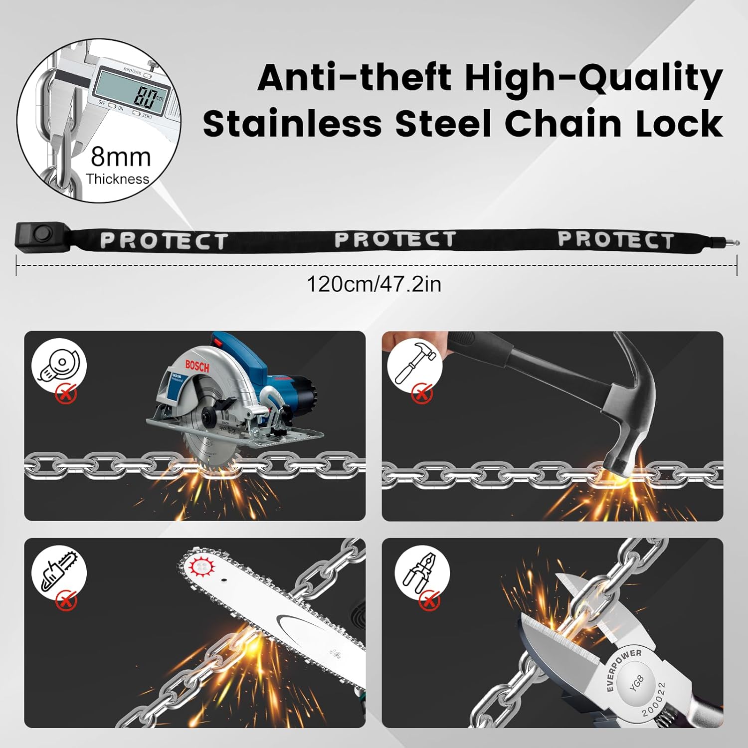 4Ft Bike Chain Lock with Alarm - 8mm Security Heavy Duty Bike Chain Lock with Keys,110dB Anti-Theft Alarm with Remote Control,Rechargeable Waterproof Bike Lock for Bicycle,Scooter,Motorcycle