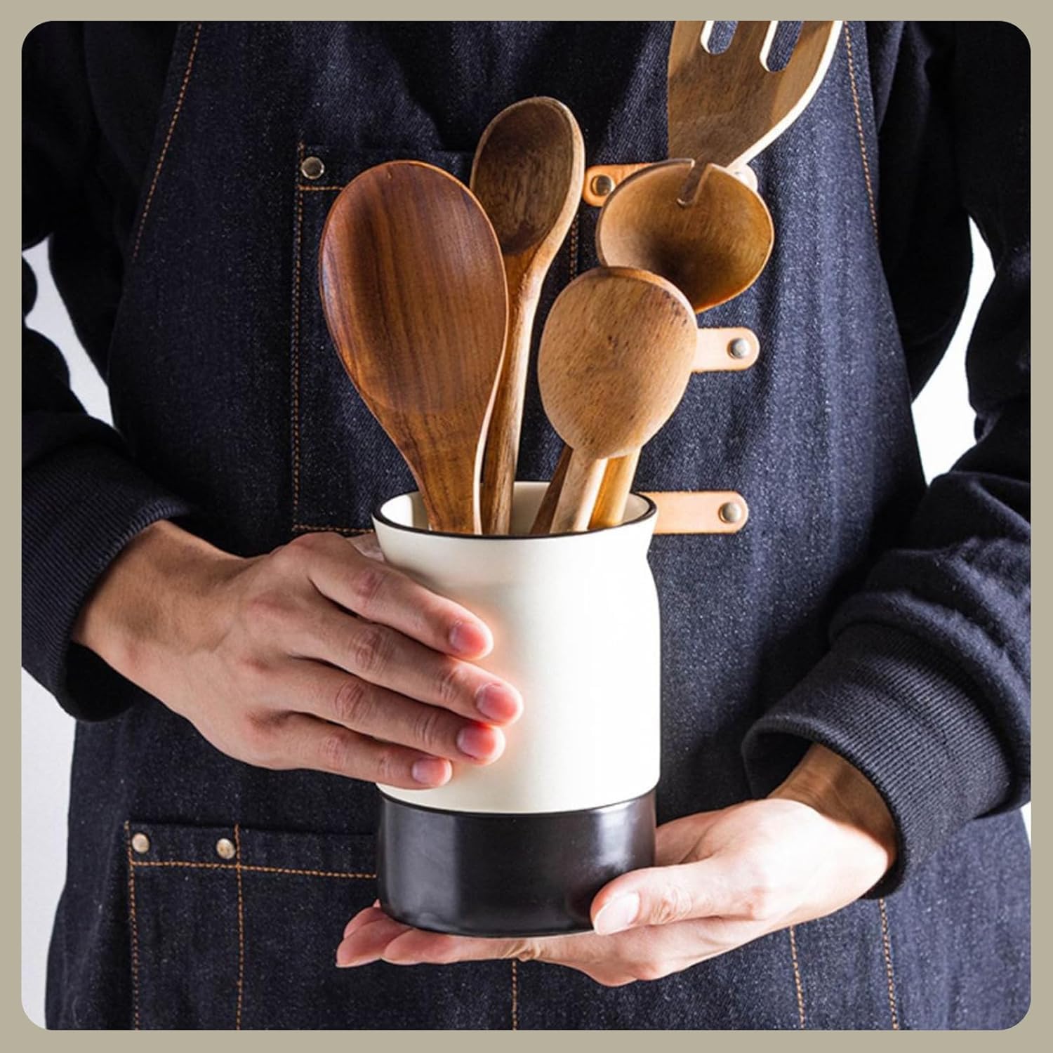 Kitchen Small Utensil Holder - Farmhouse Utensil Holder for Countertop - Ceramic Utensil Crock with Draining - Fork & Spoon Organizer | Kitchen Decor & Gift, Small Flower Pot (Cream White)