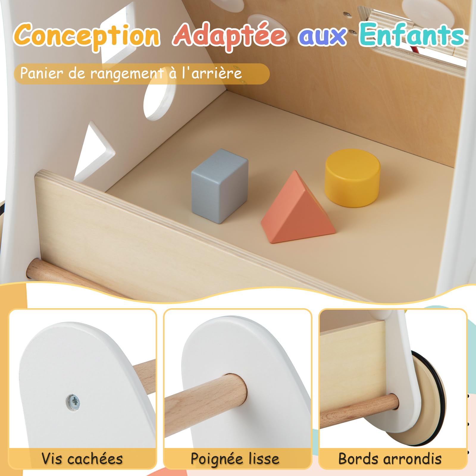 COSTWAY Chariot de Marche Bébé en Bois avec 7 Activités Interactives | Boîte de Rangement Arrière, 4 Roues avec Caoutchouc, 3 Blocs, Jouet Sensoriel, Trotteur Montessori Bébé 12+ Mois