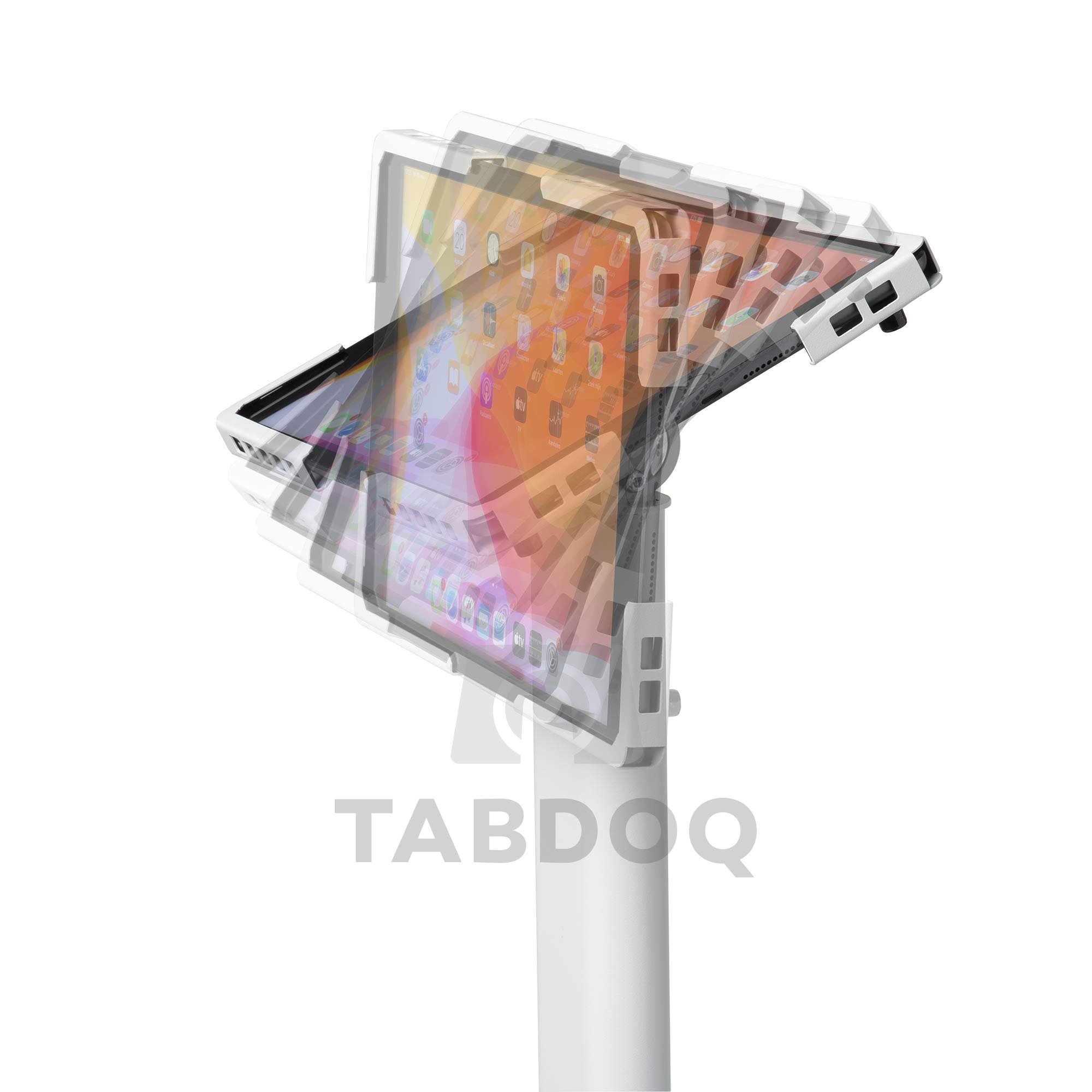 Supporto da pavimento universale per tablet regolabile 70–120 cm – per iPad e tablet 10–13 pollici – girevole, inclinabile, base stabile in metallo, gestione cavi, bianco