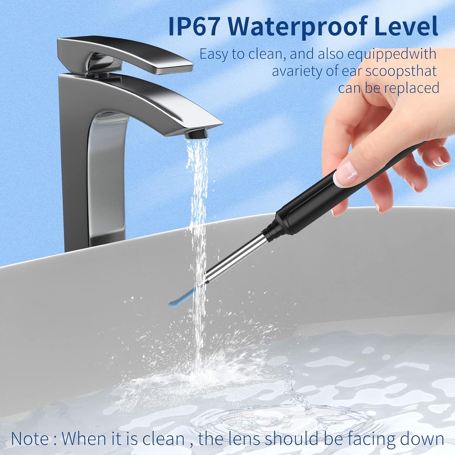 The ear cleaner tip being rinsed under a faucet, illustrating its IP67 waterproof rating. Note: The main body is not waterproof.
