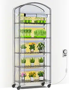 Abimars 5-Tier Greenhouse with Grow Light, Adjustable Metal Plant Shelf, PVC Cover, and Wheels (13x29x73 inches, 5-Pack 2900K Full Spectrum Lights)