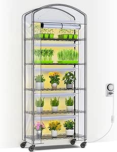 Abimars 5-Tier Greenhouse with Grow Lights, Adjustable Metal Plant Shelf, PVC Cover, and Wheels (13x29x73 inches, 5-Pack 2900K Full Spectrum Lights)