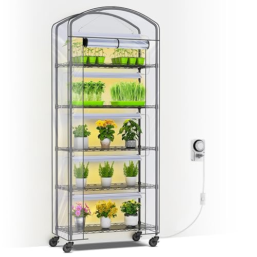 5-Tier Greenhouse with Grow Light, Shelf Height Adjustable Metal Shelf
