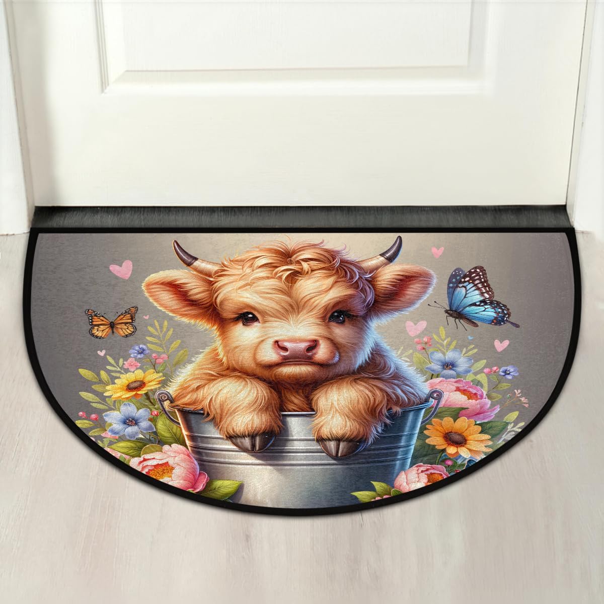 Highland Cow Animal Half Round Door Rug Indoor Entrance Washable Half Circle Area Rugs Non Slip Half Moon Rug Semi Circle Bathroom Mat Floor Carpet for Kithen Bedroom Fireplace Decor