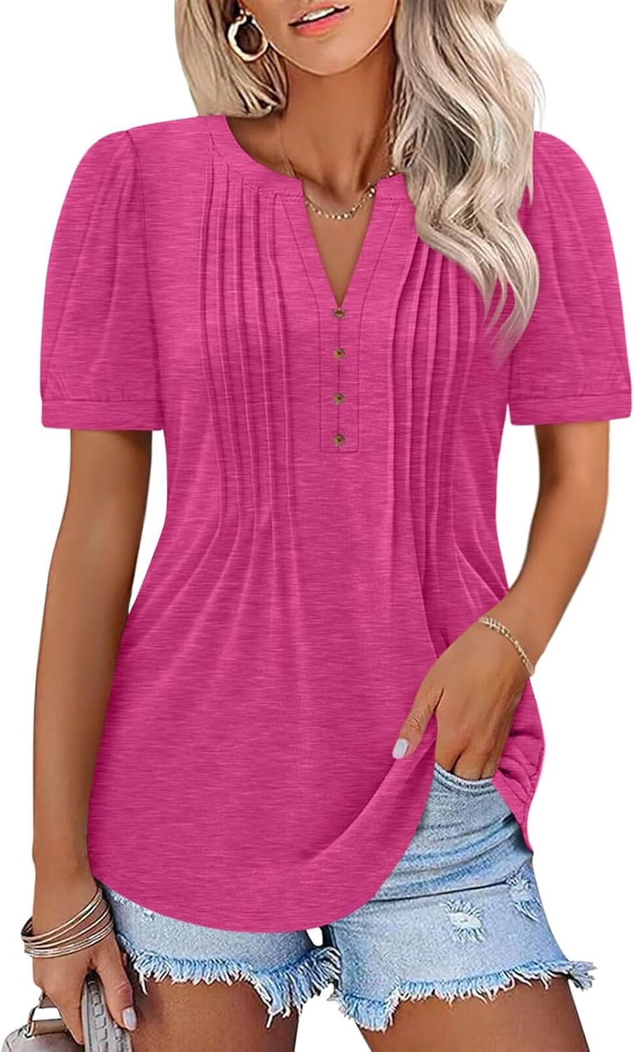 TICTICMISS Womens Pleated V Neck T Shirts Summer Puff Short Sleeve Tops | Cotton Blend, Not Clingy, Henley Buttons, Show off the Waist, Loose Fit, Layering, Easy Care, Vacation, Daily, Casual Outfits