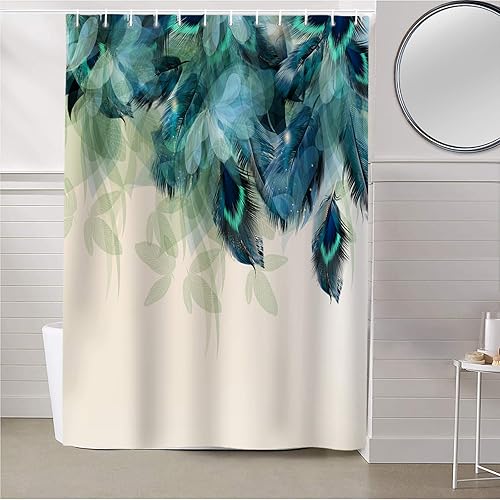 Miniatura 6 de Cortina de ducha con diseño de plumas de pavo real, impermeable, tela de poliéster, juego de cortinas de ducha con ganchos, 72 pulgadas de ancho x