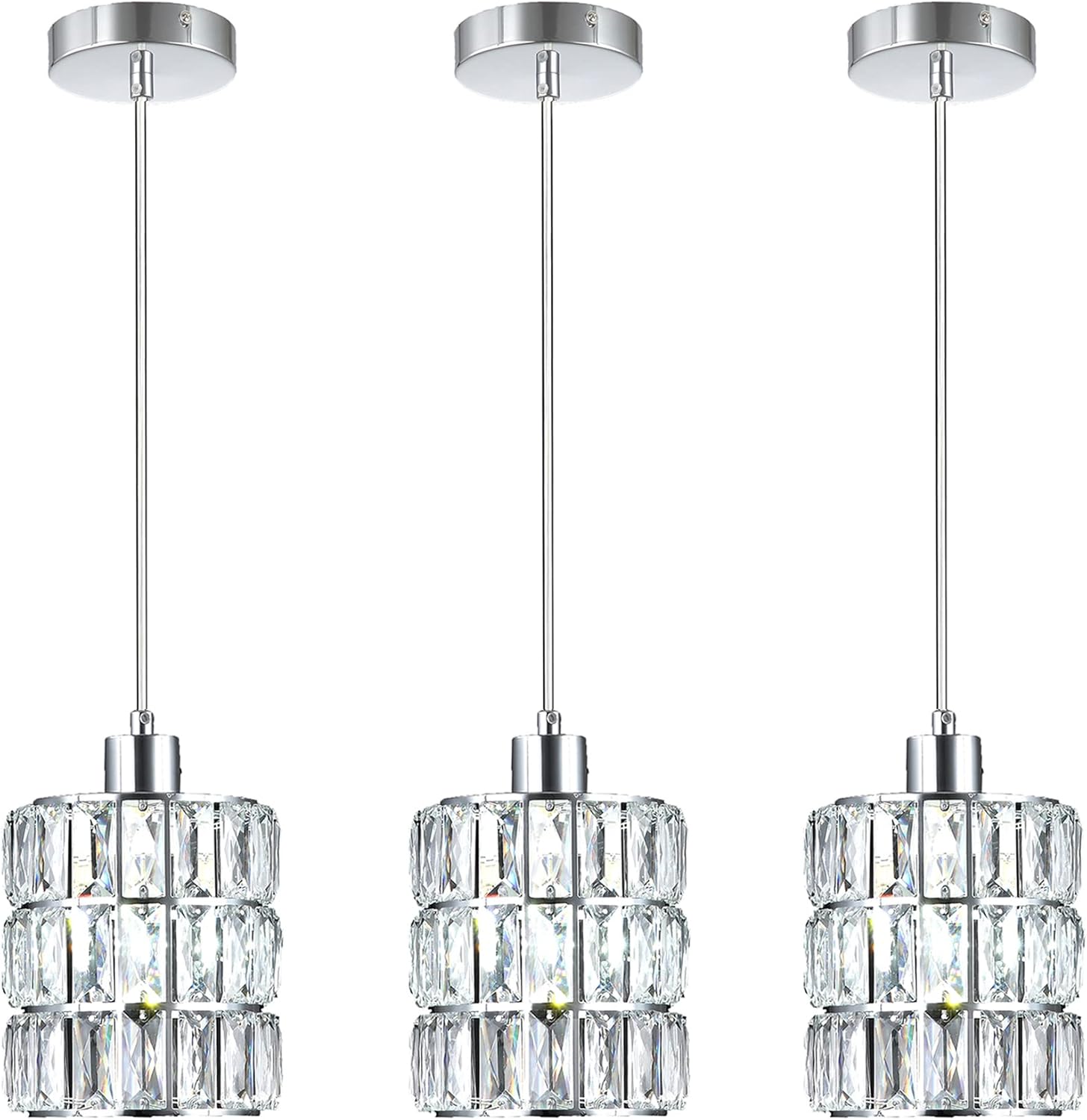 3 Pack Chrome Crystal Pendant Light, Mini Pendant Lights for Kitchen Island with Crystal Plate Metal Shade, Modern Concise Pendant Silver Fixture for Foyer Hallway, Dining Room
