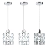 Popity home 3 Pack Chrome Crystal Pendant Light, Mini Pendant Lights for Kitchen Island with Crystal Plate Metal Shade, Modern Concise Pendant Silver Fixture for Foyer Hallway, Dining Room